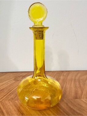 Vintage MCM Yellow Glass Bottle With Cork Stopper Made In Japan CC Mark EUC